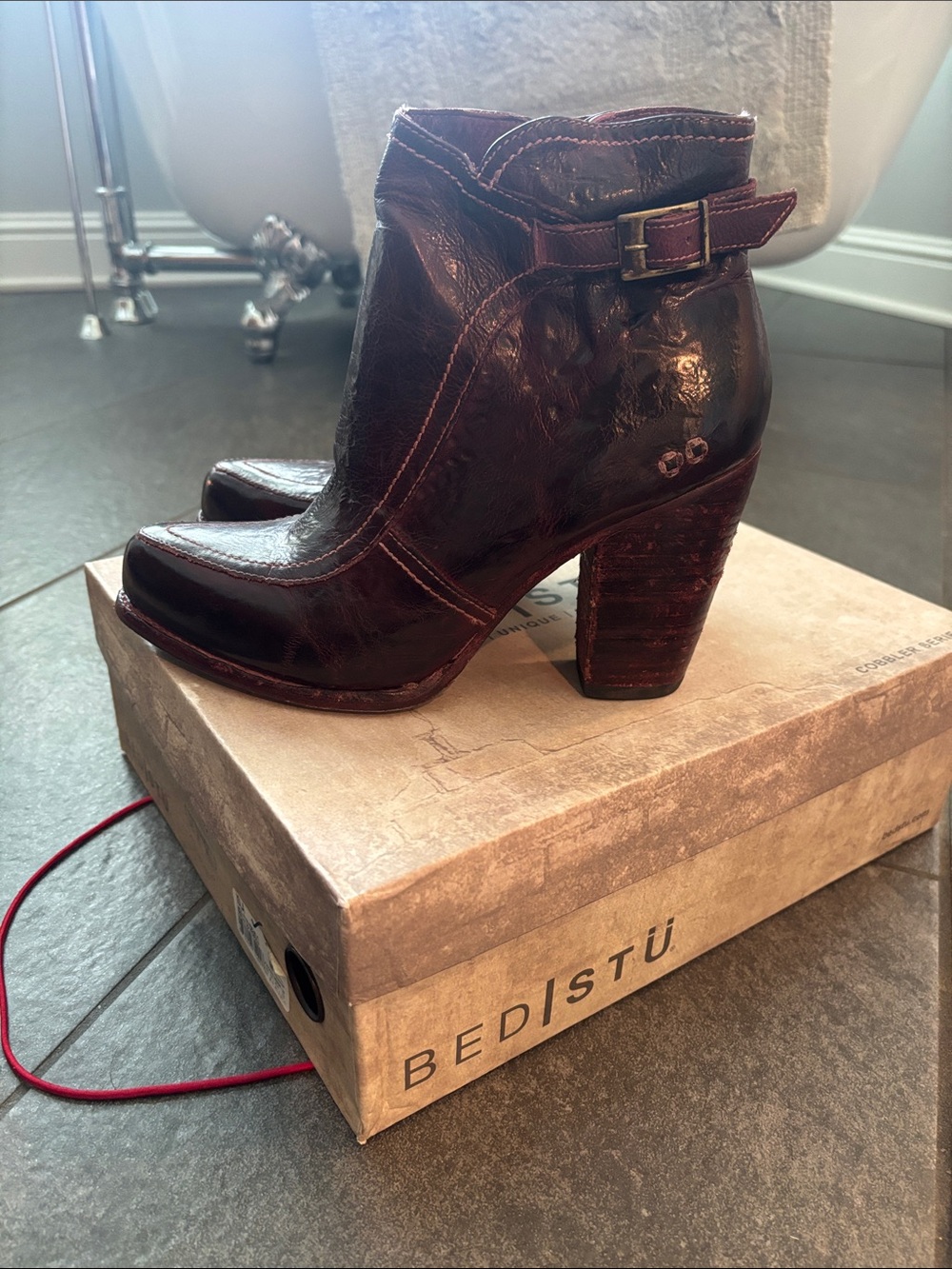 BED|STU Burgundy Leather Ankle Booties with Buckle Accent